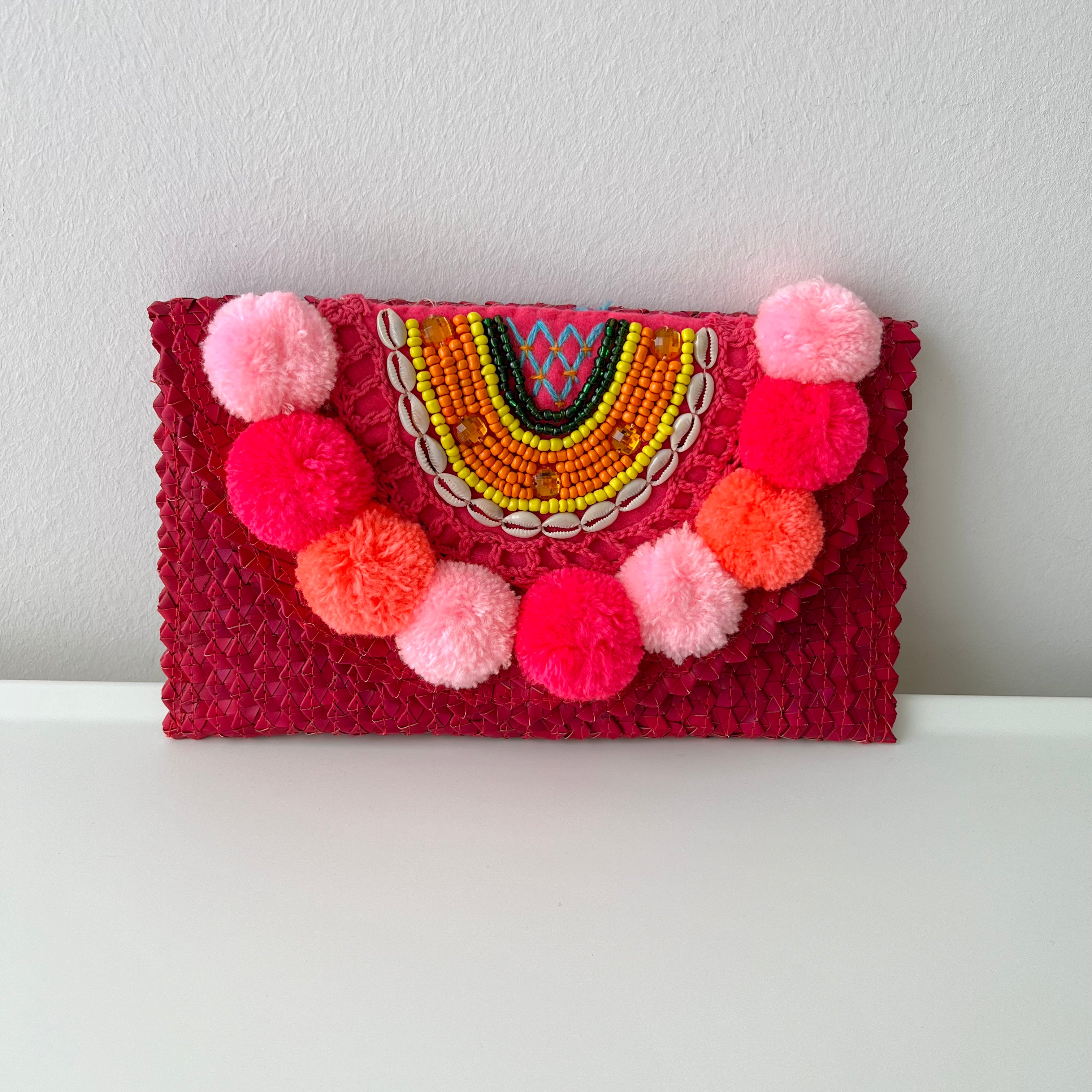 Sac Bohème Rose Noir Blanc Avec Pompons - Neuf Avec étiquettes, Style Bobo Chic, Tissu